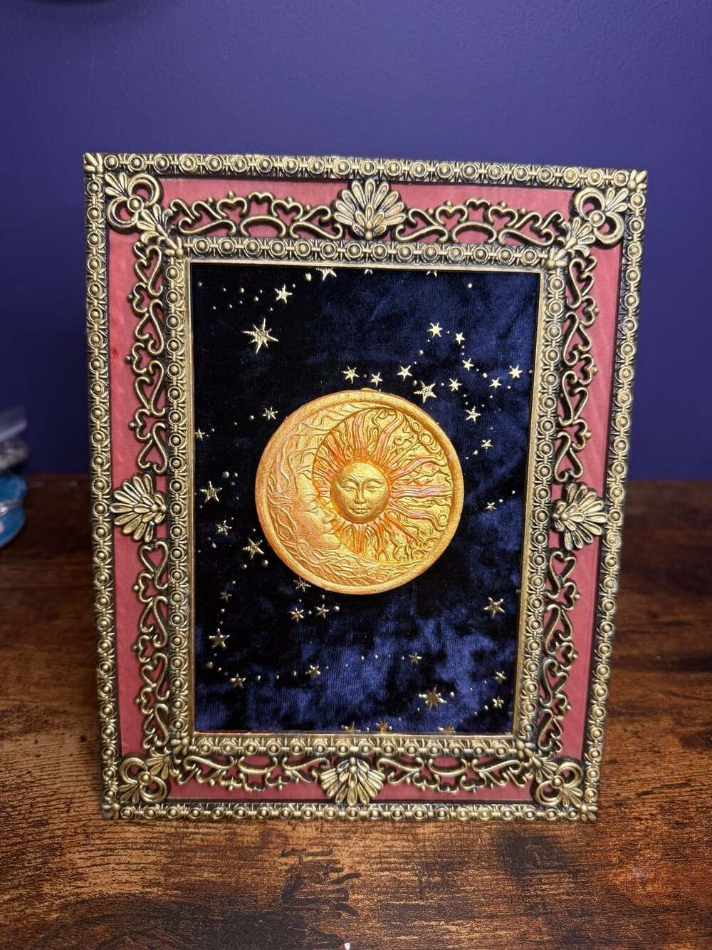 Handmade Celestial Sun and Moon Ornate Gold Velvet Whimsigoth Wall Decor